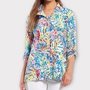 John Mark Multicolor Floral Embroidered Eyelet Roll Tab Sleeve Button Down Small